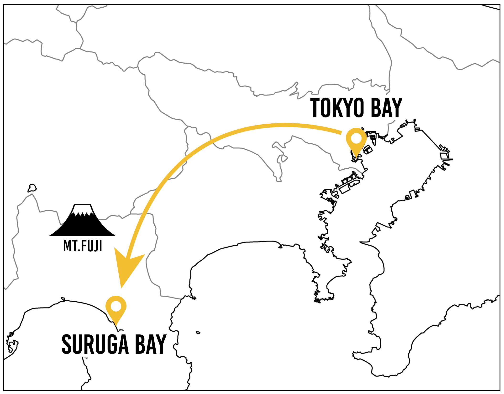 Tokyo Bay to Suruga Bay route map via Mt. Fuji
